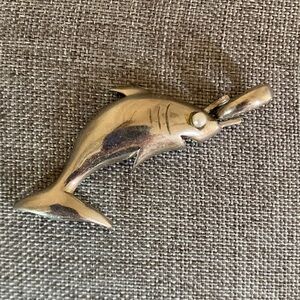 Vintage D’Orlan Shark Pendant Silver Tone Faux Pearl Eye Signed 9047